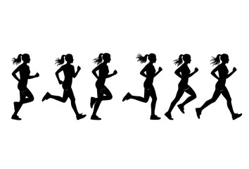 Obraz premium Female runner silhouette sequence showing running cycle phases athletic woman jogging fitness vector isolated on white