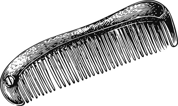 Vintage wooden comb illustration with fine teeth and ergonomic handle design