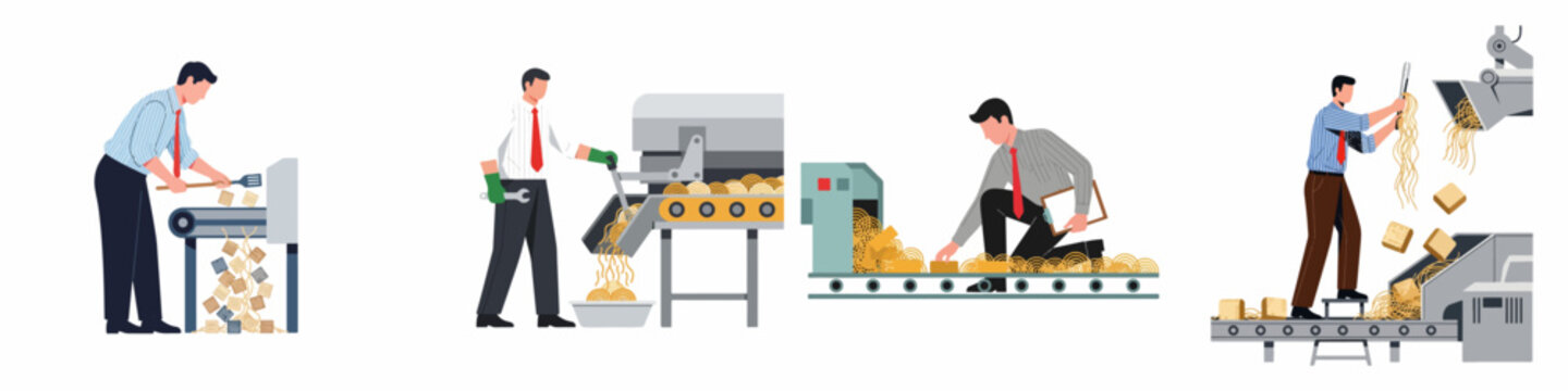 Illustration set of businessmen working in an automated noodle or pasta production factory, managing machinery, conveyor belts, and quality control.