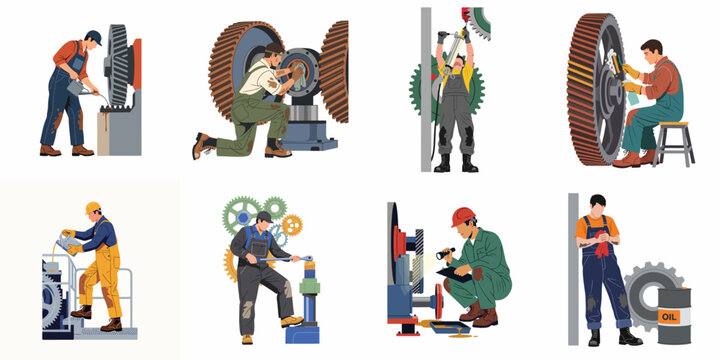 Set of illustrations depicting industrial workers performing maintenance, repair, lubrication, and inspection on large mechanical gears and machinery in a factory setting.