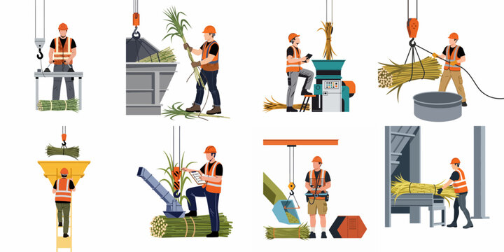 Illustrations of Industrial Workers in a Sugarcane Processing Plant Operating Machinery and Handling Bundles for Production and Quality Control