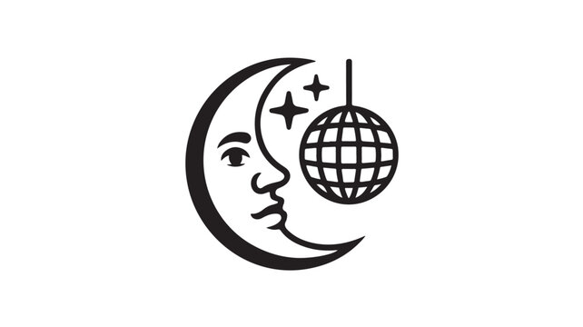 Disco Ball Moon Face Logo Design, Minimalist Nightlife Branding Icon for Music Events and Party Identity