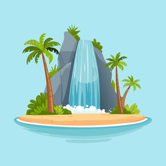 beautiful waterfall cascading into the ocean with palm trees representing tropical paradise for your travel and nature themed creative design project concepts © color
