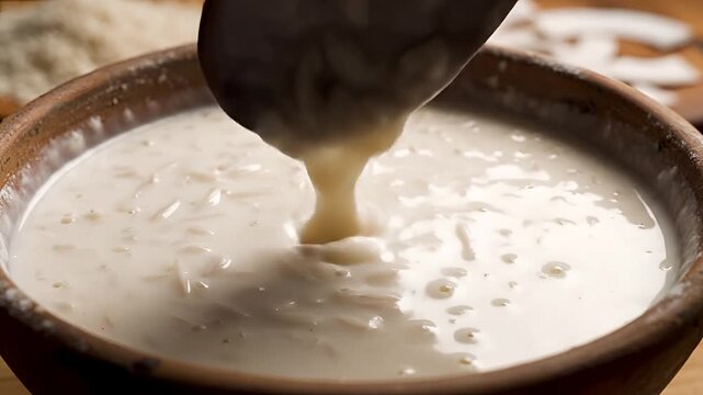 Closeup of creamy rice pudding being stirred in a rustic bowl.