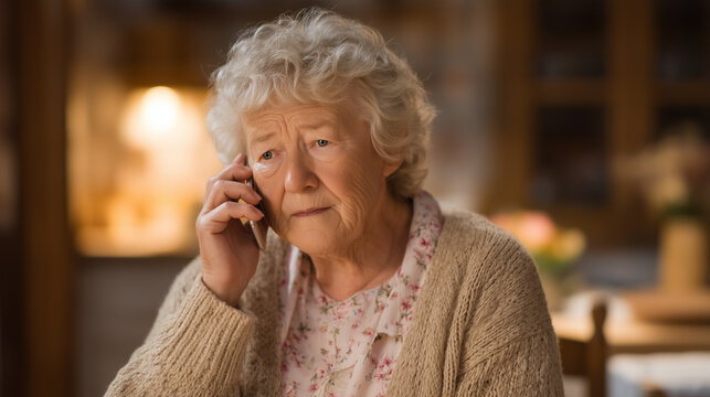 Elderly woman in floral cardigan clutches phone with worried expression as deepfake voice call mimics grandson asking for emergency funds, warm kitchen lighting, senior fraud vulnerability, voice cl