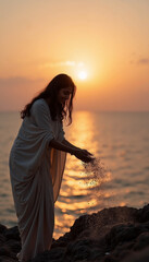 Fototapeta premium 女性が日の出を背景に海辺でサンドを撒いている。儀式や自然、または精神的な瞬間を象徴するイメージ。海や日常の儀式に関連するコンテンツに適した写真