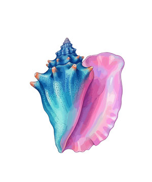 Vibrant blue and pink conch seashell illustration, tropical marine sea shell on white background, colorful ocean mollusk specimen for beach decor