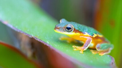 Obraz premium amphibian. Vibrant tree frog perched on a leaf in its natural habitat with soft background. wildlife magazines, conservation campaigns, designed for nature documentaries and education. 