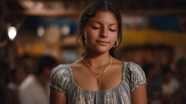 Teen girl in floral dress standing at edge of Quincea&ntilde;era party, looking inward while family celebrates around her, cultural identity conflict, Mexican American teen, belonging and displacement, fam
