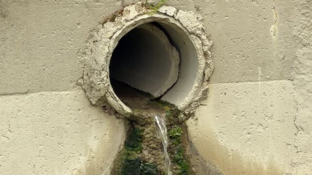 A steady stream of water pours from a round concrete pipe into an outdoor drain. The damp moss and cold stone create a lonely, industrial feeling. It is a quiet moment of urban runoff.