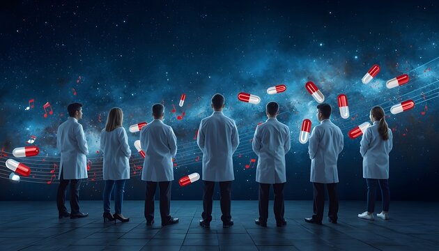 A group of scientists in lab coats stand in a futuristic laboratory surrounded by floating red and white capsules under a starry night sky