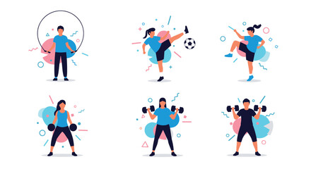 Fototapeta premium Diverse group of people staying active by participating in different sports and fitness activities like soccer and weightlifting.
