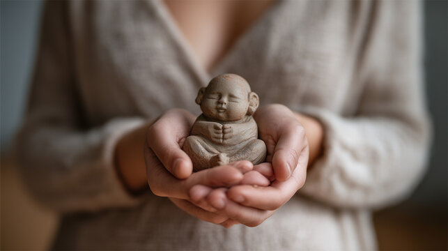 Close up of female hands cupping small ceramic figure of infant, pregnancy loss remembrance object, miscarriage memorial keepsake, bereaved mother healing ritual, silent grief tangible comfort, infa