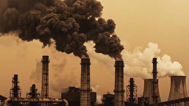 Industrial Smokestacks Venting Thick Dark Plumes Into the Air