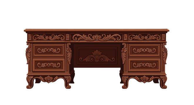A highly ornate dark wood executive desk features intricate floral carvings and multiple drawers with brass hardware in a classic Victorian style.