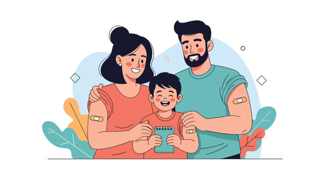 Cheerful family of three proudly shows off their bandages after receiving their vaccinations to stay healthy and protected.