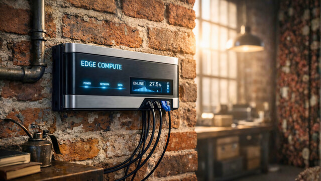 Edge Compute Device Mounted on Brick Wall in Industrial Loft Setting