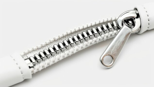 Macro shot of a partly open white zipper. Shiny metal teeth and pull. Soft, neutral background