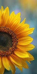 Fototapeta premium Close-up of a bright yellow sunflower with vibrant petals on a soft glowing background.