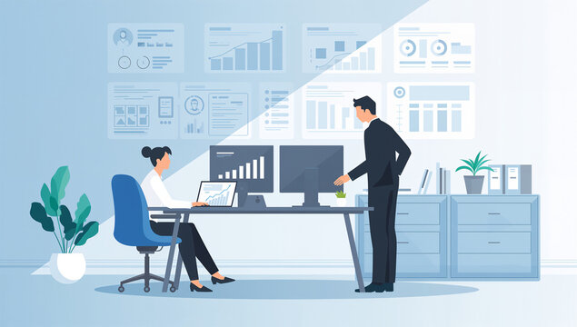 オフィスでデータを共有する二人の日本人ビジネスパーソンのイラスト