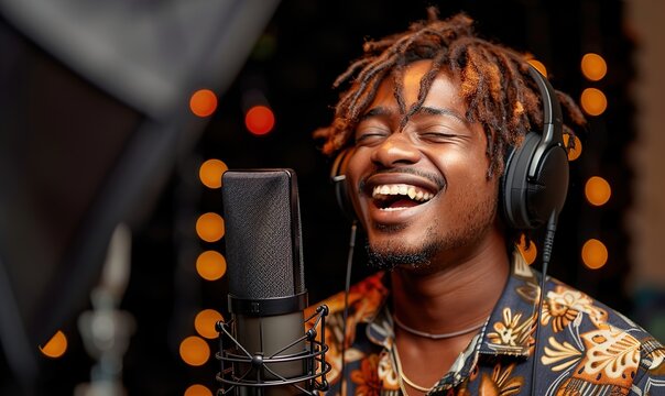 A young man with dreadlocks singing into a microphone in a recording studio