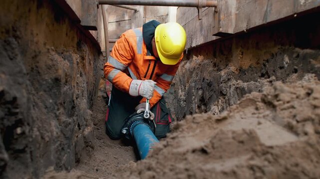 Bauarbeiter schraubt im Kanal