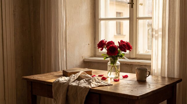 Rustic wooden table by a sunlit window adorned with vibrant red roses, creating a peaceful and inviting cozy morning ambiance in a charming vintage home