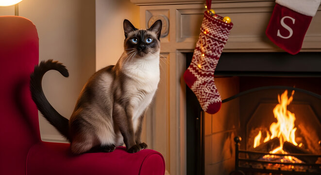 Siamese Cat Sitting Next to a Cozy Fireplace on Christmas Eve.