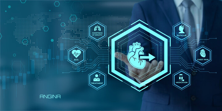 Doctors hand points to digital interface displaying heart health icons representing angina symptoms and treatment options with world map background