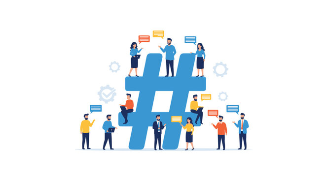 Diverse individuals are positioned around a giant blue hashtag symbol which is accented by floating mechanical gears and colorful digital speech bubbles.