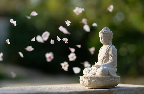 Small Buddha statue with falling cherry blossom petals, spring nirvana and peace