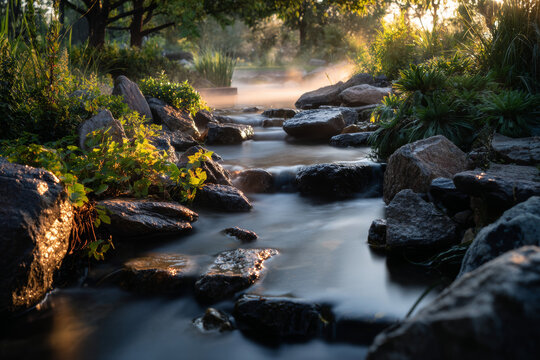 Long exposure landscape of a silk-effect garden stream flowing over dark mossy rocks surrounded by lush green hostas and broadleaf foliage.
