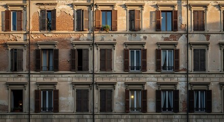 Fototapeta premium Old building facade with many windows and shutters.