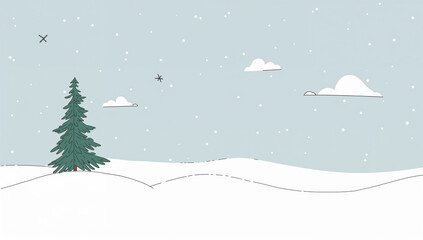Naklejka premium 北欧風のミニマルな雪原に一本の木を描いた冬背景イラスト