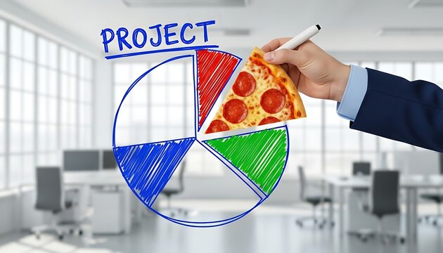 Human hand inserting a real pizza slice into a drawn pie chart symbolizing creative project management division