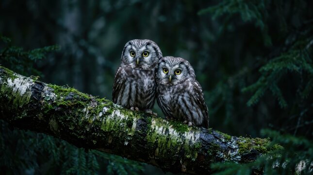Two Playful Boreal Owls Perched Together on a Moss-Covered Birch Branch in a Serene Forest Setting