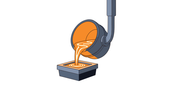 A stream of glowing orange molten metal flows from a heavy grey industrial crucible into a square casting mold within a manufacturing foundry setting.