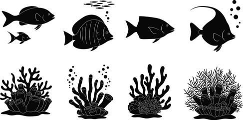 Set of Fish and Coral Illustrations Featuring Different Fish Species and Underwater Plants in Black Silhouette Style © Kamrun