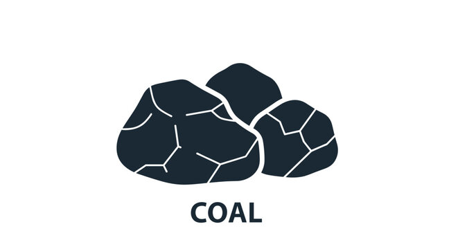 A simple illustration of three dark gray coal rocks piled together with the word coal written in bold black capital letters underneath on a white base.