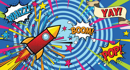 Set of Comic Style Rocket and Sound Effects Illustrations Featuring Whizz, Boom, Yay, and Pop in Bright Colors © Kamrun