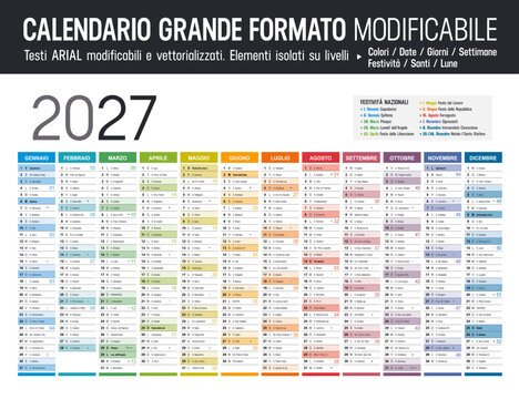 Calendario 2027 italiano grande formato modificabile, pianificatore annuale orizzontale vettoriale con festivit&agrave; e santi