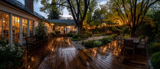 Fototapeta premium Luxury backyard panorama featuring a restored wooden deck and twilight garden landscape lighting in evening
