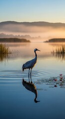 Naklejka premium Elegant Crane Standing in Calm Lake Water at Sunset.