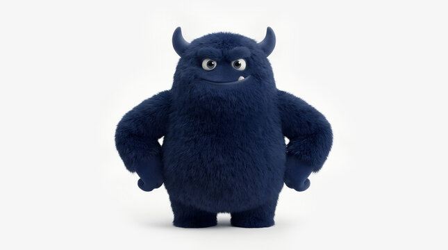 Blue furry monster with arms crossed on white background. Funny alien character with horns for children book or mascot. Banner template of a confident and courageous 3D character with copy space.