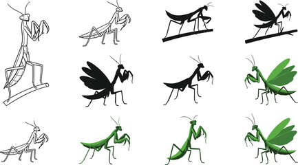 Set of Praying Mantis Illustrations in Various Styles Including Line Art, Silhouette, and Colorful Designs © Kamrun