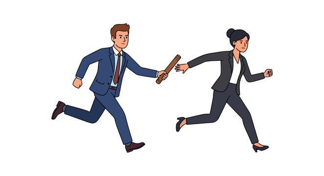 Business Professionals Relay Race Vector, Corporate Teamwork Success Illustration, Man Passing Baton to Colleague in Formal Suits