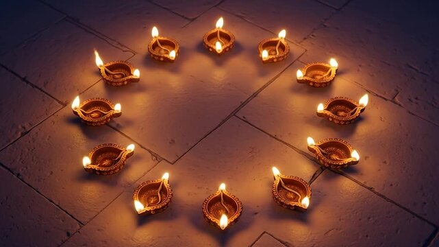 A circle of lit oil lamps on a stone tiled floor casting a warm glow upward