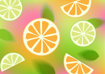 A summery, colourful background featuring slightly blurred slices of lime and orange, along with mint leaves, floating in a colourful cocktail. Colours: orange, pink, green, pale yellow. © Елена Демчишина
