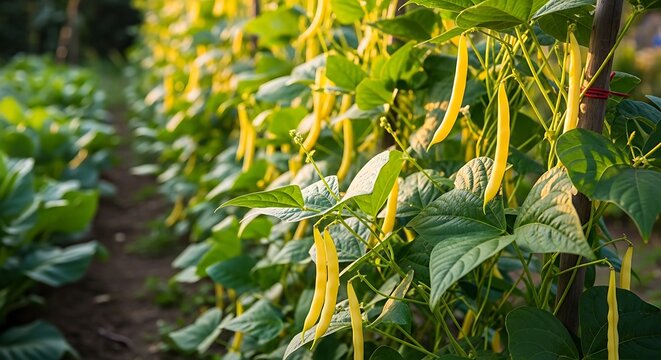 Vibrant yellow bean plants growing in a garden, healthy and fresh.