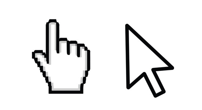Two computer mouse cursor icons, one hand pointer and one arrow, representing digital interaction and user interface